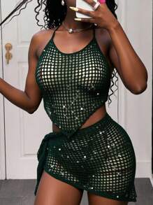 Slaydiva 2025夏季新款，适合生日派对、日常出行、休闲度假、邮轮旅行、海滩、海边、日光浴等场合，基础百搭，线上热销单品，露背吊带，性感露背紧身裤，短款不对称下摆上衣和不对称侧边吊带裙，透视纹理，闪亮亮片，夏季毛衣套装，秋冬女士毛衣套装