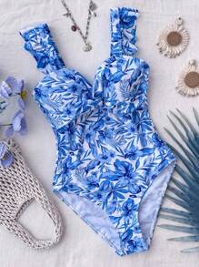 SHEIN 少女蓝白瓷花卉印花扭纹前 V 领无袖连体泳衣，适合海滩度假，优雅，波西米亚风/复古风 - 淺藍色 - 查看 8