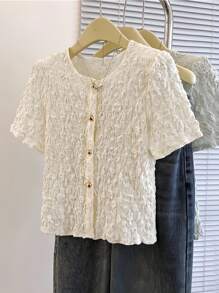 INAWLY Women's Solid Textured Single-Breasted Short Sleeve Fashionable Blouse - Apricot - View 2