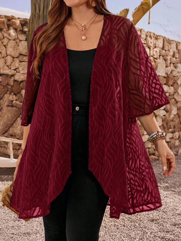 EMERY ROSE Plus Size Women's  Elegant Casual Fall Solid Color Kimono Cardigan,Fall Clothes For Women,Burgundy Elegant Casual Loose Lightweight Cardigan Coats,Summer Holiday,Vacation Outfits Women,Simple And Fashionable For Everyday Wear,Going Out Outfits,2025 New Clothes