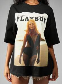 Missguided x Playboy Oversized Magazine Cover T Shirt Retro Style Fashion Graphic Print Summer Street Style Casual Photo Print Vintage Art Collection Comfort Fit Tee - Black - View 1