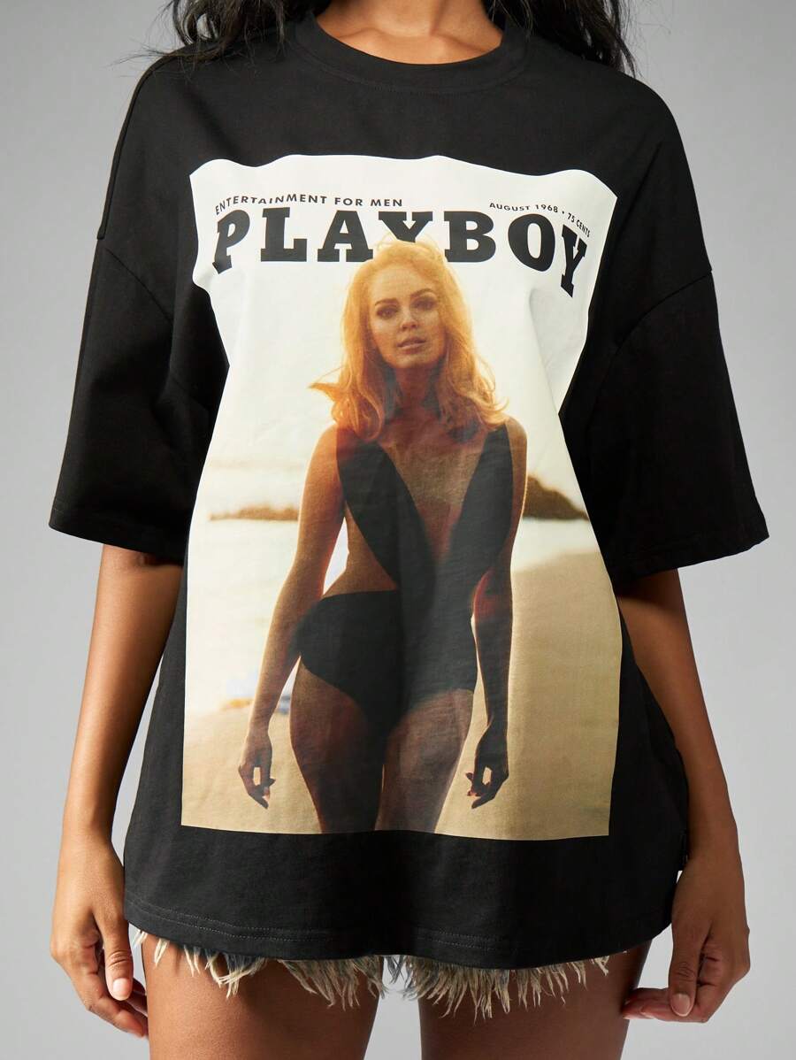 Missguided x Playboy Oversized Magazine Cover T Shirt Retro Style Fashion Graphic Print Summer Street Style Casual Photo Print Vintage Art Collection Comfort Fit Tee - Black - View 1