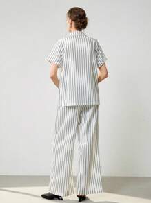 Uhlyne Fall Women Clothes 2pcs Women's Elevated Basic Fashion Set - Stylish Design Slim Fit Solid Color Casual/Work Outfit Striped Set Women Suit Set Striped Two Pieces Set Striped Pantsuit - Black and White - View 7
