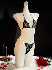 SpicyHot Women's Sexy Floral Lace Halter Tie Bra And Panty Set - Black - View 3