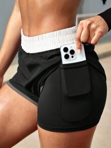 Powerista Conjunto deportivo de top corto de tirantes con estampado de letras y contraste de color, y shorts para mujer