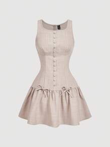 SHEIN MOD 无袖迷你连衣裙，饰有纽扣和蝴蝶结，畅销连衣裙，休闲连衣裙，秋季派对和夜店装，夏季连衣裙，下午茶连衣裙，可爱连衣裙，返校节连衣裙，复古风格，毕业礼服，束腰连衣裙，中性色连衣裙 - 卡其色 - 查看 5