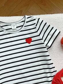 SHEIN Young Girl Knitted Stripe Heart Pattern Crew Neck Dress - Black and White - View 6