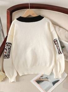 SHEIN Suéter holgado de manga larga, cuello en V, estilo callejero informal para niña preadolescente, con estampado de leopardo y logo de LA - Albaricoque - Ver 2