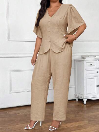 SHEIN Frenchy Plus Size Summer Simple Solid Color Textured Button Decor Top And Pants Set,Business Casual Woman,Holiday Outfits For Women In Fall/Winter