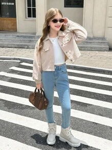 SHEIN Tween Girls Fashion Street Wear Solid Woven Corduroy Drop Shoulder Lapel Pocket Jacket, Suitable For Casual Outings, Back To School, Y2K, Tween Jacket, Cropped Jacket, Teen Girls Jacket, Corduroy Jacket, Cute Jacket Girls,In Fall/Winter