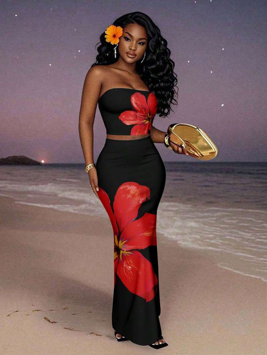 Slaydiva 女式休闲花卉图案简约短款吊带背心和长款紧身裙套装，夏季