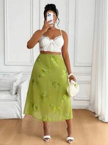 SHEIN PETITE CURVE Plus Size Women Floral Sequin High Waist Fashionable Mini Skirt