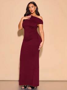 SHEIN BAE Váy Maxi Xù Lông Bất Đối Xứng Thanh Lịch Cỡ Lớn Cho Nữ, Thích Hợp Mặc Hàng Ngày, Hẹn Hò, Đi Chơi, Tiệc Tùng, Đi Câu Lạc Bộ, Halloween, Ngày Lễ Tình Nhân, Đám Cưới Làm Phù Dâu Hoặc Váy Dự Tiệc, Váy Hẹn Hò Lãng Mạn - Màu Đỏ Sâu - Xem 3
