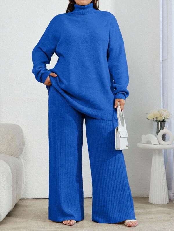 SHEIN 2 pièces Pull à col Top avec épaules tombantes et Pantalon de survêtement à côtes de couleur unie