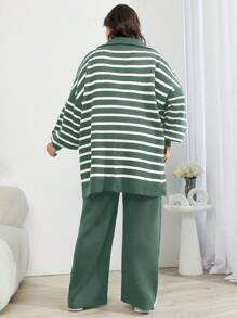 EURMUSE Bộ 3 món áo len cardigan trễ vai họa tiết răng sói và quần dài cho nữ - Màu xanh Bạc hà - Xem 2