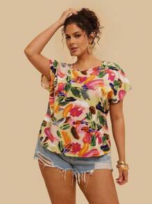 SHEIN VCAY Plus Allover Print Batwing Sleeve Summer Boho Blouse - Multicolor - View 1