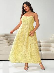 SHEIN EZwear Plus Size Women Summer Yellow Floral Maxi Dress,Elegant Boho Holiday Sundress,Casual Vacation Beach Sun Dresses,European Style Practical Brunch Wear - Multicolor - View 4