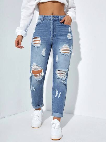 SHEIN Essnce Women's Casual Distressed Skinny 7/8 Length Jeans