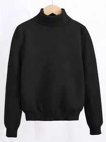 SHEIN Teen Girl Simple Solid Color Knitted Turtleneck Long Sleeve Sweater Fall Winter - Black - View 3