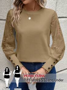 SHEIN PETITE CURVE Plus Size Casual Solid Color Jacquard Patchwork Long Sleeve Top, Autumn - Khaki - View 1