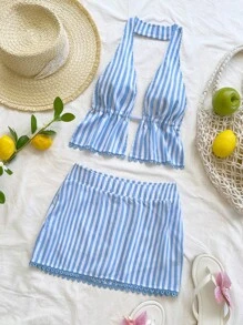 Soleia Textured Floral Trim Halter Cropped Backless Tie-Up Waist 2 Pieces Outfit For Women, Sexy Party Date Summer Wear For Vacation, Music Festival, Boho - Blue and White - View 4