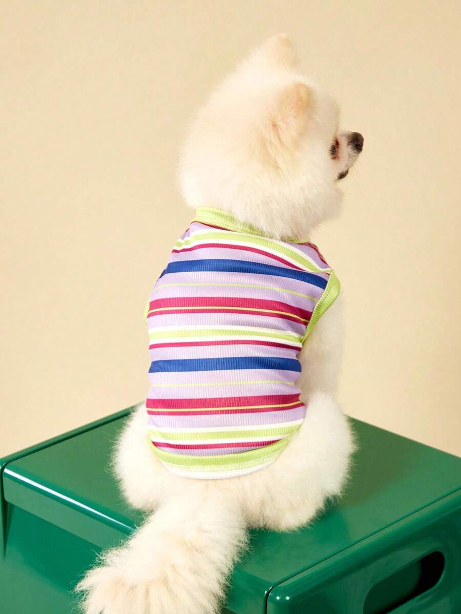 PETSIN 1pc Pet Dog Cat Dopamine Stripe Print Elastic Breathable Vest, Suitable For Both Dogs And Cats - Multicolor - View 1