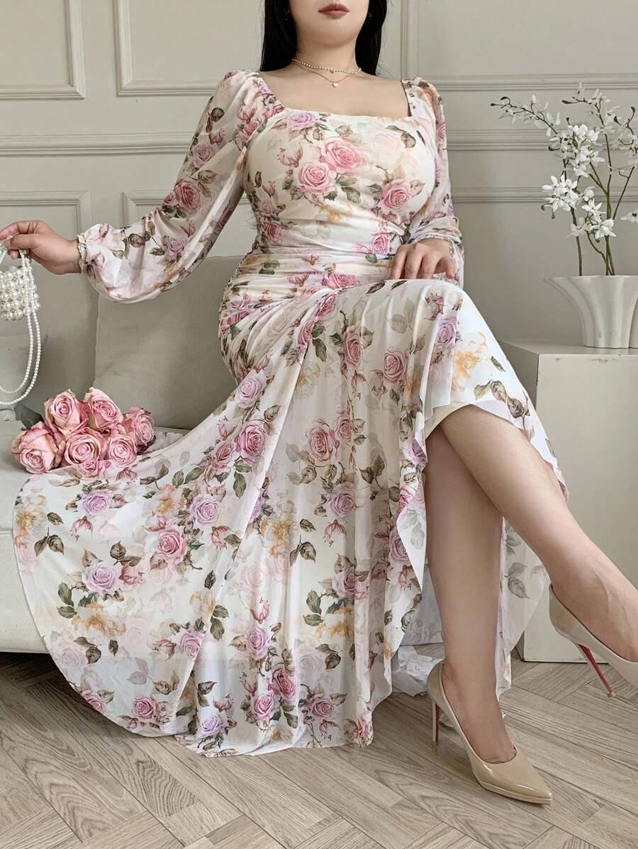 Feyla Plus Size Women's Spring/Summer Vacation Style Floral Print Square Neck Lantern Sleeve Ruffled Fitted Mermaid Hem Dress - Multicolor - View 1