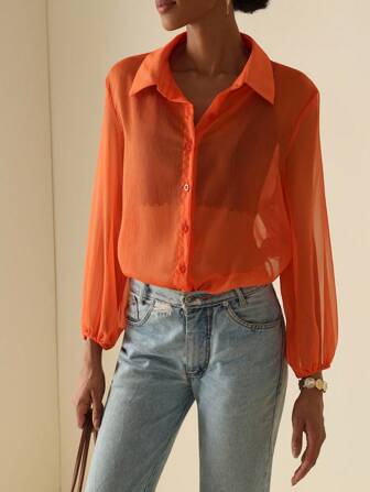 Vesra 简约纯色透明女士衬衫，通勤风格