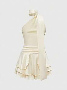 ROMWE EDITION 缎面性感露背 3D 花卉白色挂脖 A 字裙，修身优雅女式派对礼服，春季 - 白色 - 查看 2