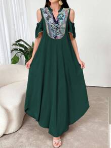 Al Najma 女装夏季度假风拼接印花露肩宽松连衣裙 - 墨綠色 - 查看 4