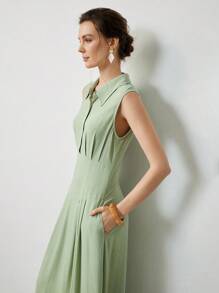 Uhlyne 女式优雅领口系带纽扣喇叭下摆口袋荷叶边下摆长款连衣裙，夏季 - 灰綠 - 查看 7