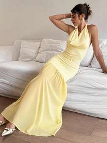 Siren Gaze Đầm suông hở lưng màu trơn thanh lịch cho nữ - Màu vàng - Xem 2
