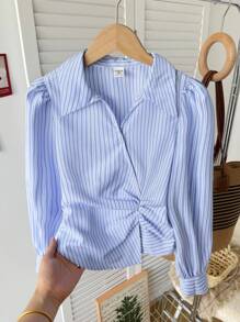 SHEIN Tween Girl Casual Vintage Retro Blue And White Striped Collar Ruched Asymmetrical Hem Woven Shirt, Back To School Striped Blue Shirt Blue Striped Shirt Blue And White Striped Shirt Baby Blue Striped Shirt Tween Girl Striped Blouse Fall Winter - Blue - View 2