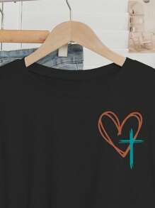 Women's Casual Heart And Cross Logo Print Round Neck T Shirt,Summer Style - 黑色 - 查看 5
