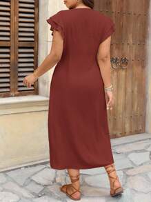 SHEIN Frenchy 大码优雅V领双层盖袖度假连衣裙 - 棕色 - 查看 2