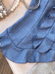 GlowEve 2pcs Women Asymmetric Ruffle Hem Elegant Top And Pants Set - Blue - View 3