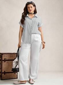 Zelara Plus Striped Print Button Front Shirt, Summer - Black and White - View 2