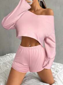 SHEIN 青少年女孩两件套 - 纯色长袖套头连帽衫和松紧腰短裤 - 粉色 - 查看 3