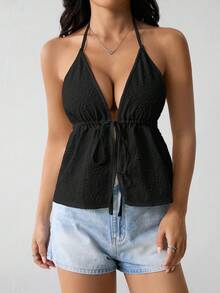 SHEIN PETITE 女士夏季休闲 V 领露背纹理面料白色背心，适合派对、节日、约会、情人节、下午茶 - 黑色 - 查看 1