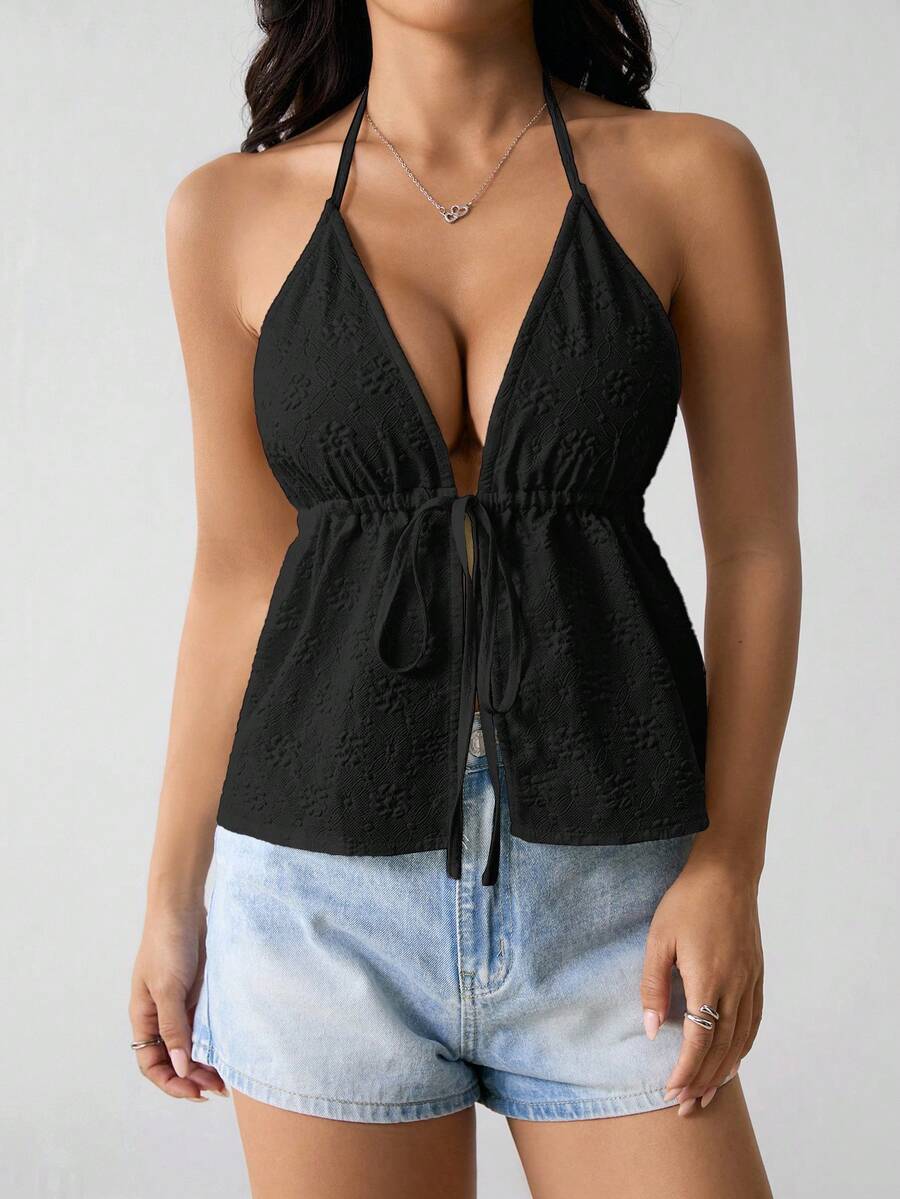 SHEIN PETITE 女士夏季休闲 V 领露背纹理面料白色背心，适合派对、节日、约会、情人节、下午茶 - 黑色 - 查看 1