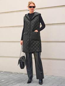 CLARA VERO Colete acolchoado sem mangas com fecho de correr frontal, bolsos com detalhe de botão de pressão, design com capuz, camada de inverno funcional e elegante, colete feminino preto, colete acolchoado, colete com capuz, colete comprido, colete acolchoado feminino, colete acolchoado preto, agasalho feminino - Preto - Ver 5