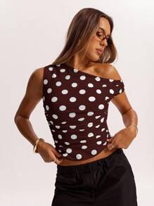 SHEIN BAE 夏季红白波点印花简约休闲不对称领口T恤，适合早午餐、外出、约会、通勤休闲、巡航女士、伊比沙岛、波点上衣 - 咖啡棕 - 查看 3