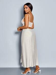 SOLERSUN Women's Spring Summer Solid Color Minimalist Everyday Wear Ruched High-Slit Long Skirt With Metal Decorated Beach For Woman - Apricot - View 2