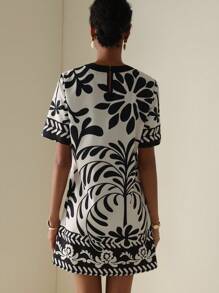 Vesra Printed Round Neck Short Sleeve Mini Summer Dress