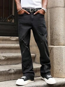 PAVTROS Quần Jeans Ống Loe Street Cho Nam, Quần Dài Rộng Thẳng Đơn Giản Phong Cách Mỹ Cổ Điển - màu đen - Xem 4