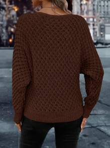 EMERY ROSE Women's Casual Solid Color Dropped Shoulder Loose Pointelle Knit Pullover Sweater Knit Pullover Fall Winter - Brown - View 2