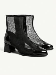 CUCCOO CHICEST 女士时尚黑色网眼粗跟中筒靴 - 黑色 - 查看 2
