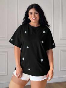 Solflare Plus Size Beach Vacation,Casual Daisy Embroidered Short Sleeve T-Shirt,Summer Spring Tops - Black - View 3