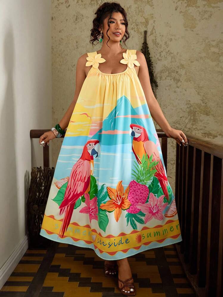 Travachic Vestido casual de férias com estampa tropical floral e costas descobertas, Vestido de verão com estampa tropical, Vestido com estampa de papagaio, Vestido longo de verão para mulheres, Vestido de verão tipo sundress, Vestido de férias em estilo boho chic, Looks de férias, Estilo urbano costeiro, Looks country, Roupas vintage de "old money", Looks de professora, Looks de volta às aulas, Looks para sair, Looks de férias para mulheres - Amarelo - Visão 3