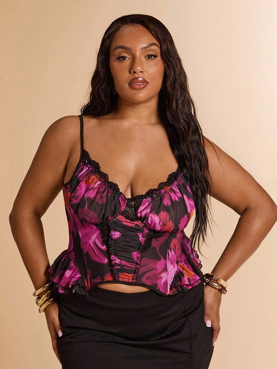 SHEIN BAE Áo hai dây nhún hoa cỡ lớn cho nữ, Tốt nghiệp, Quà tặng Ngày của Mẹ, Y2K, Đêm đi chơi - Màu tím - Xem 1